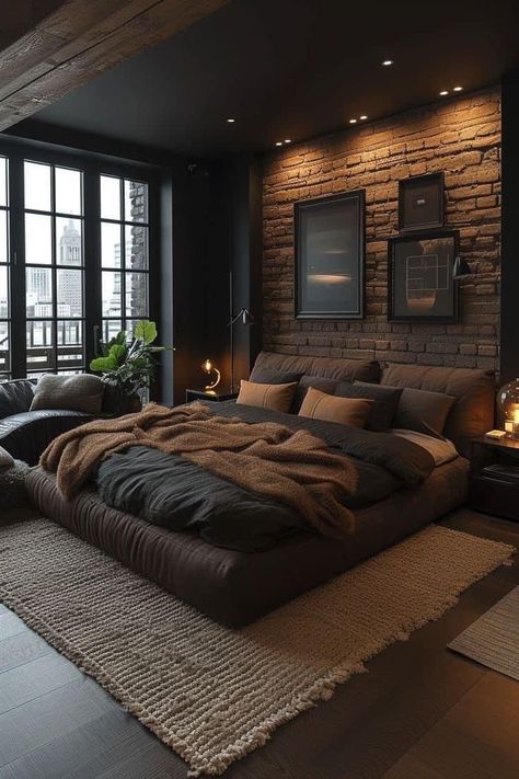 Best House Design Interiors, Dark Color Bedding Ideas, Wooden Bedroom Ideas Interiors, Dark Modern Master Room, Low Height Bed Design Master Bedrooms, Minimal Industrial Bedroom, Dark Wood Interior Design Bedroom, House Design Dark Wood, Bedroom No Carpet