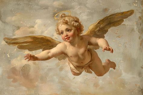 Old Angel Paintings, Angels Oil Painting, Cherub Flying, Cherub Painting, Cupid Art, Rococo Painting, Cupid Cherub, Cherub Art, Angel Statues Sculpture