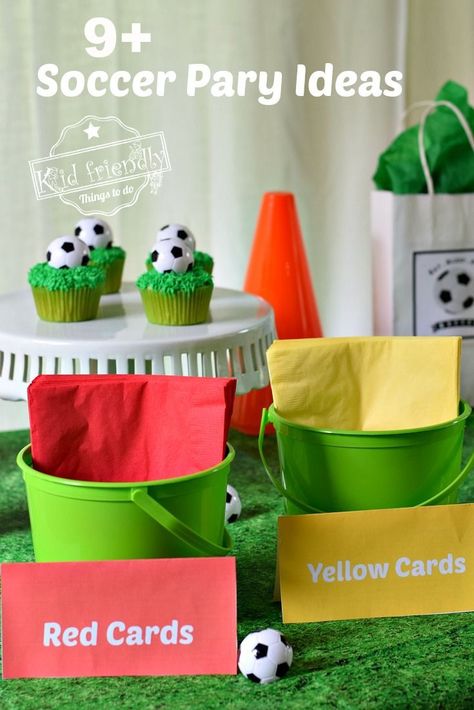 Soccer Birthday Party Snacks, Soccer Birthday Printables Free, Soccer Birthday Themes, Fifa Party Decorations, Soccer Ideas Party, Soccer Themed Party Favors, Football Soccer Party Decorations, Games For Soccer Party, Soccer Theme Party Games