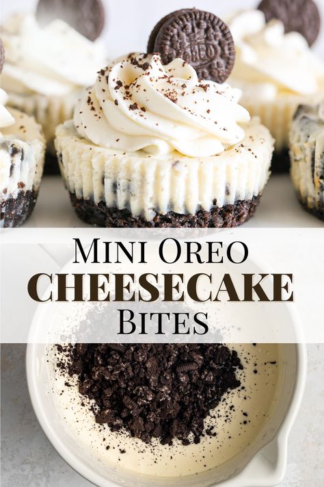 A mini oreo cheesecake topped with whipped cream and a mini oreo cookie. Mini Oreo Cupcakes, Individual Birthday Desserts, Simple Baked Goods Recipes, Mini Oreo Cheesecake Recipes, Small Deserts Ideas, Difficult Dessert Recipes, Easy Dessert Bites, Mini Muffin Tin Recipes Desserts, Mini Deserts Ideas