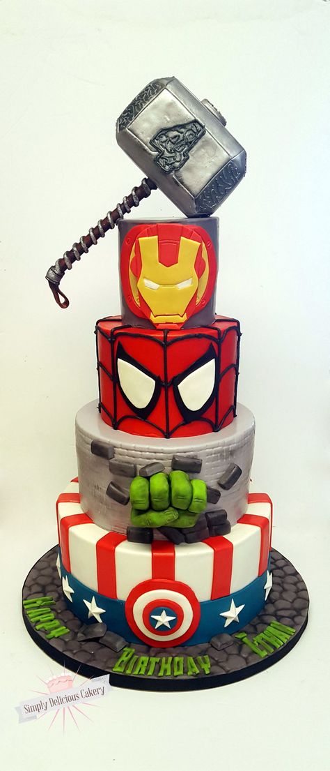 Marvel Avengers Marvel Avengers Cake. Fondant with fondant details, the hulk hand is made from Molding chocolate and the Thor hammer is RKT... Marvel Cupcakes, Marvel Cakes, Superhero Birthday Party Food, Marvel Birthday Cake, Avenger Party, Molding Chocolate, Avengers Birthday Party Decorations, Marvel Avengers Cake, Avengers Cake