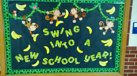 my 1st elementary bulletin board.  Welcome back to school. Preschool Door Decorations Welcome Back To School, Monkey Bulletin Board Ideas, Welcome Back To School Bulletin Boards Daycare, Welcome To The Jungle Bulletin Board, Welcome Back Bulletin Boards, Bulletin Boards For Elementary, September Bulletin Boards, Jungle Classroom, Welcome Bulletin Boards