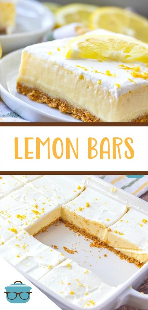 These Creamy Lemon Bars have a delicious graham cracker crust and filled with a thick lemony filling and topped with fresh whipped cream! Lemon Bar Crust Recipe, Lemon Fluff Bars, Lemon Dessert With Graham Cracker Crust, Graham Cracker Lemon Bars, Lemon Bars Graham Cracker Crust, Lemon Squares With Graham Cracker Crust, Lemon Bars With Graham Cracker Crust, Graham Cracker Dessert Easy, Lemon Bar Pie