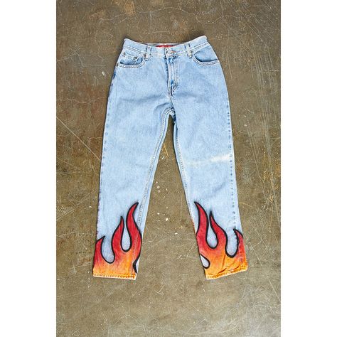 Forever21 Repurposed Levis Flame Pant (100 CAD) ❤ liked on Polyvore featuring jeans and blue jeans Jean Painting, Flame Pants, Painted Clothes Diy, Clothes Art, Denim Art, Diy Vetement, Custom Jeans, Painted Jeans, Grunge Look