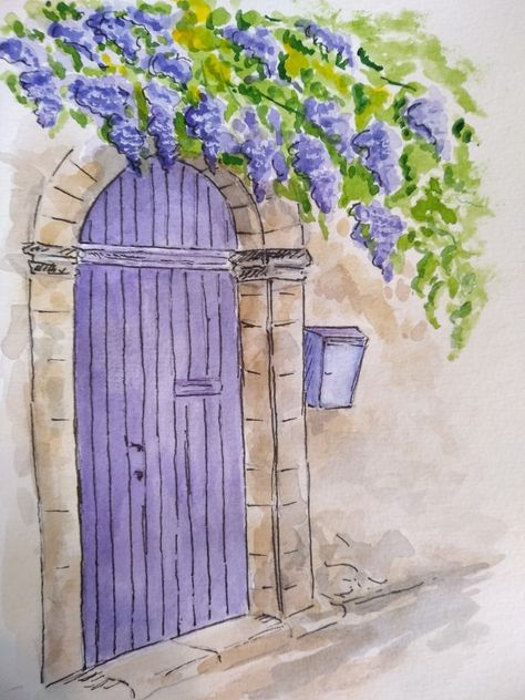 Watercolour Buildings Simple, Watercolour Inspiration Aesthetic, Watercolour Inspiration Simple, Watercolor Seasons, Purple Sketch, Watercolour City, Painting Flowers Tutorial, Rooster Painting, Watercolor Art Landscape