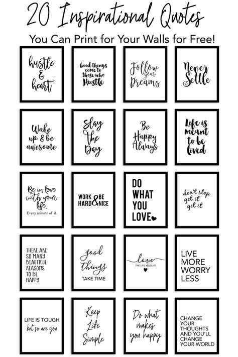 20 inspirational quotes that you can print for your walls for free - download and print these free motivational quotes for your home decor today #freeprintable #printables #freeprintables #homedecor #walldecor Positive Quotes Decor Wall Art, 20 Inspirational Quotes, Motivational Quotes For Bedroom Wall, Crafty Quotes Inspiration, Wall Affirmations Home Decor, Free Positive Thoughts Printables, Free Sentiments Printables, Quote For Home Decor, Quotes For Cards Inspirational