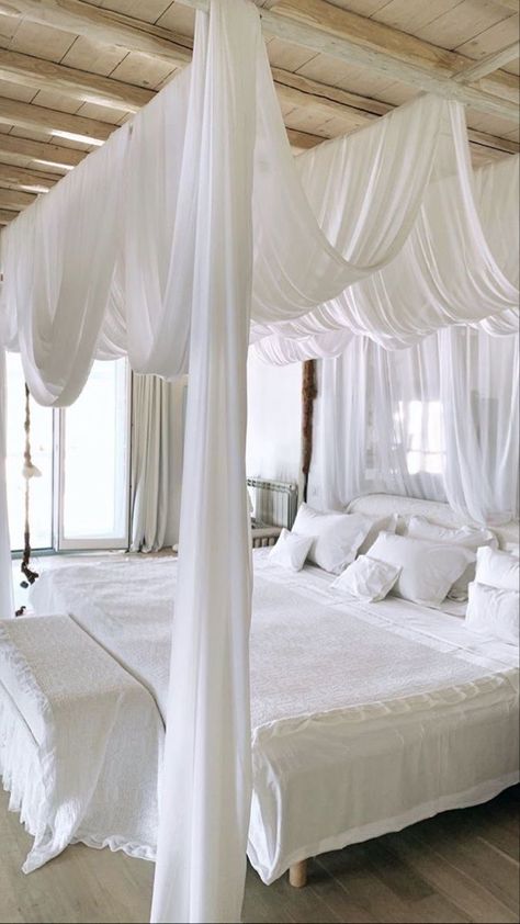 Hanging Bed Curtains, Cycladic Interior Design, Mirror In Front Of Bed, Curtains Above Bed, Heavenly Bedroom, Bed Canopy Curtains, Bed Drapes, Canopy Bedroom, Hal Decor