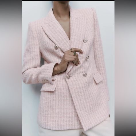 Posh Live Designer Parisian Fashion Jacket Embrace Your Unique Style With This Tweed Blazer In Baby Pink. This Blazer Is Not Just An Outerwear, It's A Statement. Designed To Fit Uk Size Up To 14, It's The Ideal Addition To Any Women's Wardrobe. Be A Happy Peach Lady And Enjoy Beautiful Things In Your Happy, Peachy Life. Because You, Being Pretty And Totally You, Truly Deserve It. Pink Tweed Blazer, Pink Tweed Jacket, Plaid Suit Jacket, Zara Jacket, Cropped Blazer Jacket, Pink Tweed, Textured Jacket, Tuxedo Blazer, Parisian Fashion