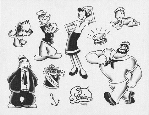 Popeye Traditional Tattoo, Popeyes The Sailor Man Tattoo, Popeye Tattoo Design, Popeye And Olive Oil Tattoo, Old School Disney Tattoo, Popeye Tattoo Old School, Popeye The Sailor Man Tattoo, Popeyes Tattoo, Vintage Cartoon Black And White