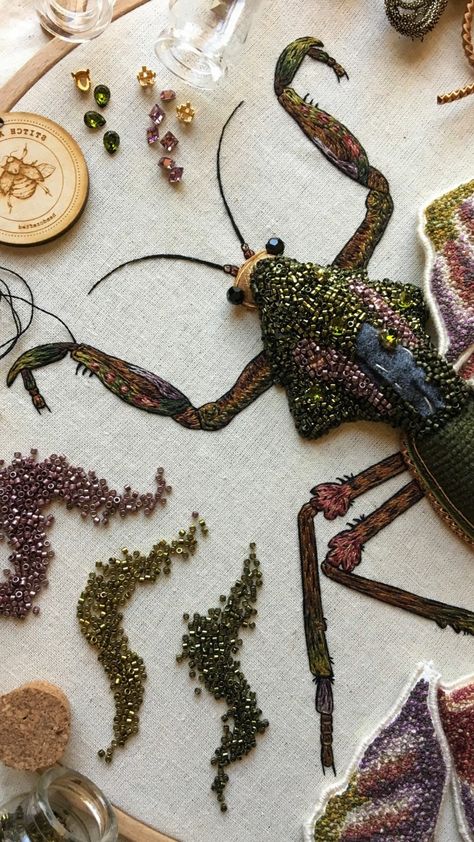 Michele Carragher: Stitching History and Fantasy | SofST Michele Carragher Embroidery, 3 Dimensional Embroidery, Michelle Carragher Embroidery, Embroidery Bugs Insect, Beetle Embroidery, Paint And Embroidery, Michele Carragher, Felt Artists, Bead Bugs