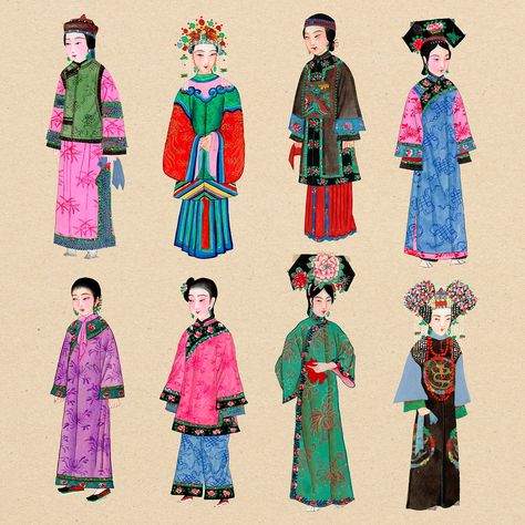 Qing Dynasty Clothing Woman, Illustration Person, Chinese Vector, Qing Dynasty Fashion, Women Vector, Qing Dynasty Clothing, Chinese Dynasties, Qing Dynasty Art, Chinese Costume