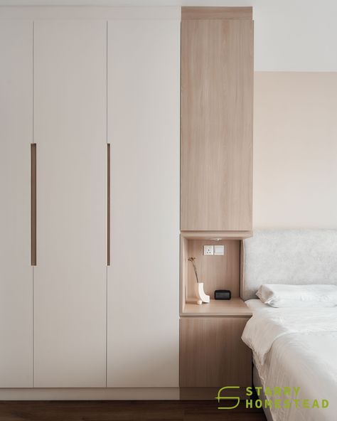 Home Decor Inspo: Bedroom Wall Designs Wardrobe With Side Table, Japandi Interiors Bedroom, Tv Wall Unit Ideas, Decor Inspo Bedroom, Wall Unit Ideas, Muji Bedroom, Wardrobe Renovation, Muji Home, Space Saving Bedroom