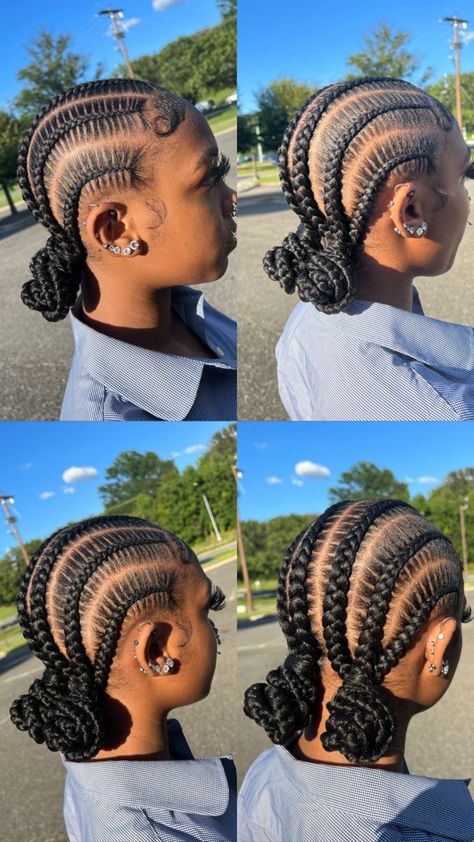 Feed Ins Hairstyles For Black Women, Feed Ins With Two Buns, Braided 2 Buns For Black Hair, Feed Ins Two Buns, Quick And Easy Braid Hairstyles For Black Women, Six Feedin Braids With Bun, Feed In Braids Into Two Buns, 4 Braids Cornrows Black Women, Cute Feed In Braids Styles With Bun