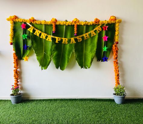 Anna Prashan Ideas, Decoration Ideas For Annaprasana, Indian Naming Ceremony Ideas, Annaprashan Decoration Ideas Diy, Anaprasana Baby Decorations, Aanprashn Decoration, Annaprasna Decoration Ideas, Annprashan Decor At Home, Annprashan Baby Decoration