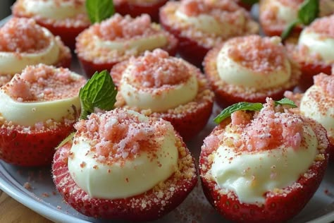 Cheesecake deviled strawberries - recipestasteful Strawberry Cheesecake Deviled Eggs, Unique Cheesecake Recipes, Deviled Strawberries, Strawberry Cheesecake Bites, Art Preschool, Coconut Cheesecake, Cheesecake Filling, Strawberry Cream Cheese, Merit Badge