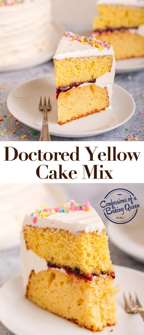 Learn how to doctor up a yellow cake mix! Add some homemade frosting and no one will ever know this cake started with a cake mix! Lots of tips and step-by-step photos teach you how to bake this cake mix recipe! Yellow Cake Mix Doctored Up, How To Make Yellow Cake Mix Better, How To Doctor Up A Yellow Box Cake, Doctored Cake Mix Recipes Yellow, Doctored Up Yellow Cake Mix Recipes, Yellow Cake Mix Cakes Recipes, Box Yellow Cake Hacks, Yellow Cake Mix Cupcakes Doctored, Vanilla Cake Mix Recipes Boxes Instant Pudding