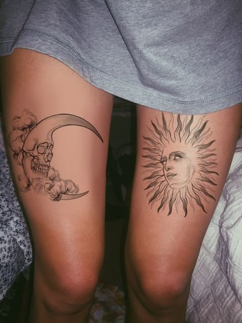 Sun And Moon Feet Tattoo, Dark Sun And Moon Tattoo, Sun Skull Tattoo, Sun Leg Tattoo, Whimsigoth Tattoo Ideas, Sun And Moon Thigh Tattoo, Sun Knee Tattoo, Tattoo Sol E Lua, Thigh Tattoo Simple