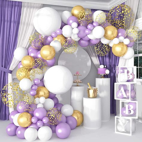 Lavender White And Gold Balloon Garland, Lavender And Gold Balloon Arch, Lilac And Gold Balloon Garland, Lilac Gold And White Party, Gold Purple And White Party Ideas, Light Purple And Gold Party Decorations, Purple White And Gold Party Decorations, Purple And Gold Baby Shower Ideas, Purple And Gold Balloon Garland