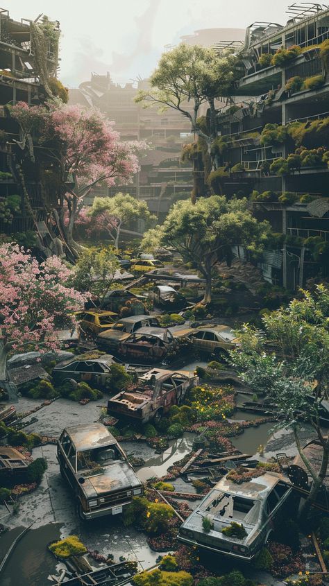 Abandoned Cities Art, Overgrown Cities Aesthetic, Abandoned Cities Aesthetic, Nature Takes Over, Nature Taking Over City, City Taken Over By Nature, Abandoned Overgrown City, City Covered In Plants, Eco Dystopia