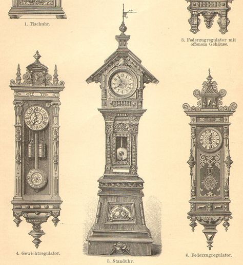 Victorian Clocks, Face Printable, Clock Drawings, Lithography Prints, Pendulum Clock, Clock Tattoo, Old Clocks, Antique Clock, Antique Clocks