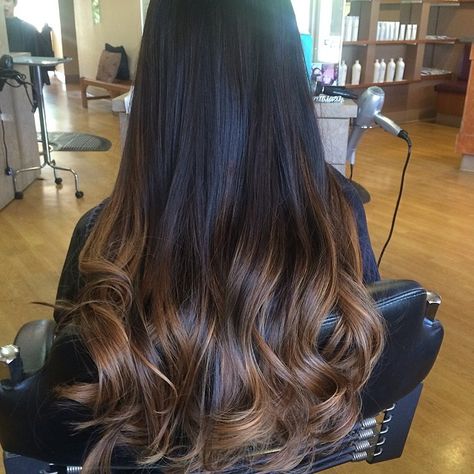 Black Hair With Ombre Balayage, Dark Brown Hair With Ombre Highlights, Ombré Dark Brown Hair, Low Ombre Hair, Ombre Hair For Black Hair, Highlights For Long Black Hair, Ends Of Hair Dyed, Ombre Hair Color For Black Hair, Sand Hair Color