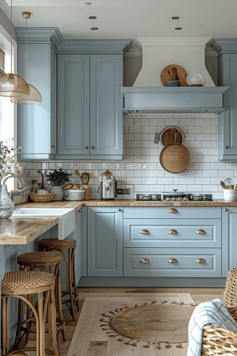 Blue House Ideas Interiors, Pastel Blue Kitchen Ideas, Cottage Inspired Homes, Coastal Aesthetic House, Blue Kitchen Aesthetic, Light Blue Cabinets Kitchen, Blue Aesthetic Home Decor, Coastal Blue Kitchen, Blue House Interior