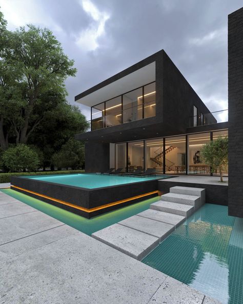 Black Brick Vila in Damavand, Iran by Re|Villa Vila Designs Modern, Vila Modern, Reza Mohtashami, Dark Home Aesthetic, Black Villa, Billionaire Homes, Villa Pool, Modern Living Room Interior, Modern Villa Design