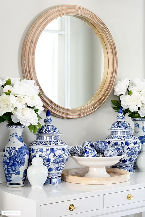 Spring Entryway Decor, Vases Decor Ideas, Ginger Jars Decor, Pirate House, Spring Entryway, Faux Peonies, Hunter Decor, Blue And White Vases, Chinoiserie Interior