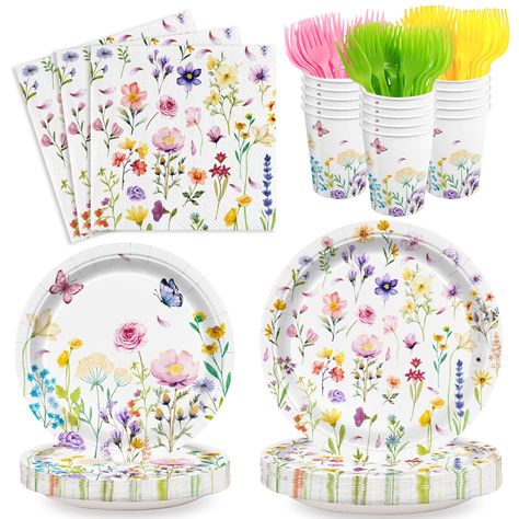 PRICES MAY VARY. 【Wild Floral Design】This watercolor wildflower party supplies has the design of coloful flowers and cute butterfly, full of summer elements and wild atmosphere, make your birthday party eye-catching, more interesting and attractive 【Colorful Flower Party Supplies】The wildflower birthday party supplies include 24pcs 9'' wildflower dinner plates, 24pcs 7'' floral dessert plates, 24pcs floral napkins, 24pcs floral paper cups, and 24pcs Forks winth three colors. This wildflower tabl Summer Floral Party, Flowers First Birthday Party, A Little Wildflower Baby Shower Theme, Two Wild Wildflower Birthday, Wild One Birthday Party Girls Flowers, Wildflower Birthday Party Decor, Flower Theme Birthday Party Decoration, Wild Flower Birthday Theme, Wildflower Party Decor