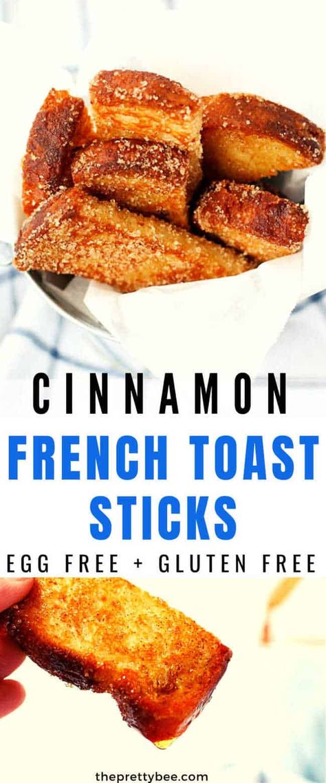 Warm, sugary, gluten free French toast sticks are the perfect kid-friendly breakfast! This delicious recipe is gluten free, vegan, and free of the top allergens! Gf Df Breakfast Meal Prep, Top Allergen Free Recipes, Gluten Free Dairy Free Egg Free Breakfast, Non Dairy Breakfast Ideas, Gluten Free Brunch Ideas, Allergy Friendly Breakfast, Cinnamon French Toast Sticks, Dairy Free French Toast, Eggless Bread