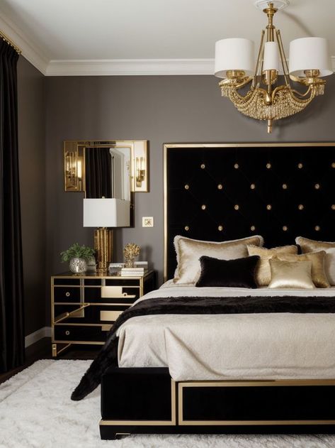 Create a regal and sophisticated bedroom aesthetic for men with a statement velvet tufted headboard, complemented by a sleek and modern black nightstand. Add accents like gold-trimmed wall sconces and a plush faux fur rug for a touch of luxury. Bedroom Aesthetic For Men, Royal Bedroom Aesthetic, Modern Black Nightstand, Black Accent Wall Ideas, Scandinavian Dining Room Decor, Aesthetic For Men, Velvet Tufted Headboard, Black Gold Bedroom, Bedroom Ideas Luxury