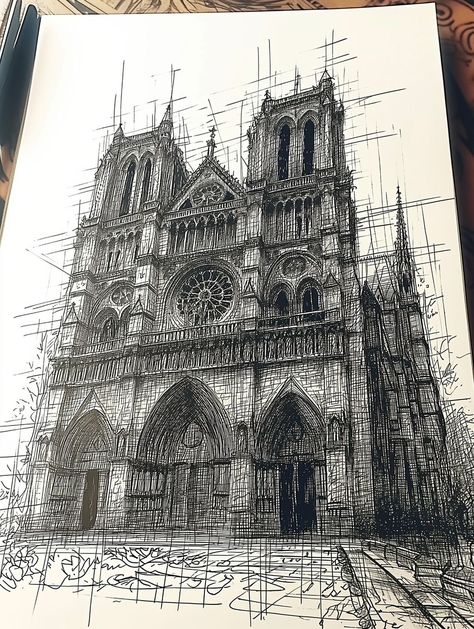 Notre Dame Cathedral Painting, Cathedral Notre Dame Paris, Detailed Architecture Drawing, Paris Notre Dame Cathedral, Architecture Art Project, Gothic Architecture Drawing Sketch, Gothic Cathedral Drawing, Notre Dame Cathedral Drawing, Gothic Architecture Sketch