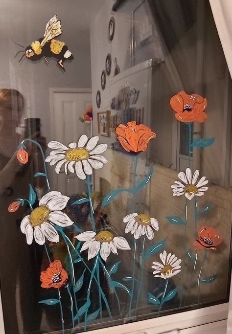 Glass Painting In Window, Art Window Painting, Flowers Window Painting, Birthday Window Painting, Flowers Painted On Glass Window, April Window Art, Spring Window Chalk Art, Glass Window Painting Ideas, Mothers Day Window Painting