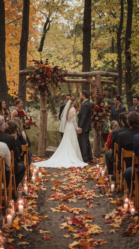 over enchanting fall wedding themes that capture the essence of autumn. From rustic chic to cozy elegance, find inspiration for your perfect fall celebration. Fall Theme Wedding Dress, Wedding Theme Autumn, October Wedding Theme Ideas, Wedding Ideas Fall Rustic, Fall Home Wedding Ideas, Wedding Inspo Rustic, Autumn Colors Wedding, Whimsical Autumn Wedding, Wedding Inspo Fall