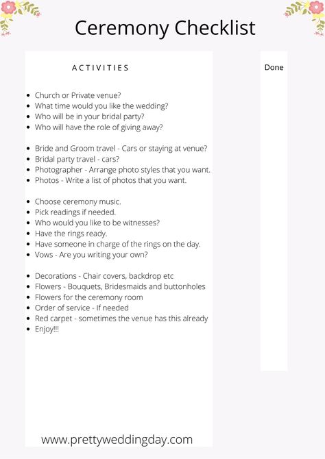 Free! Ceremony Planning Checklist #wedding #checklist #ceremony #planning Wedding Ceremony To Do List, Wedding Ceremony Checklist Detailed, Ceremony Checklist Wedding, Wedding Officiant Checklist, Wedding Ceremony Planning, Wedding Checklist Uk, Ceremony Checklist, Wedding Ceremony Timeline, Bridal Checklist