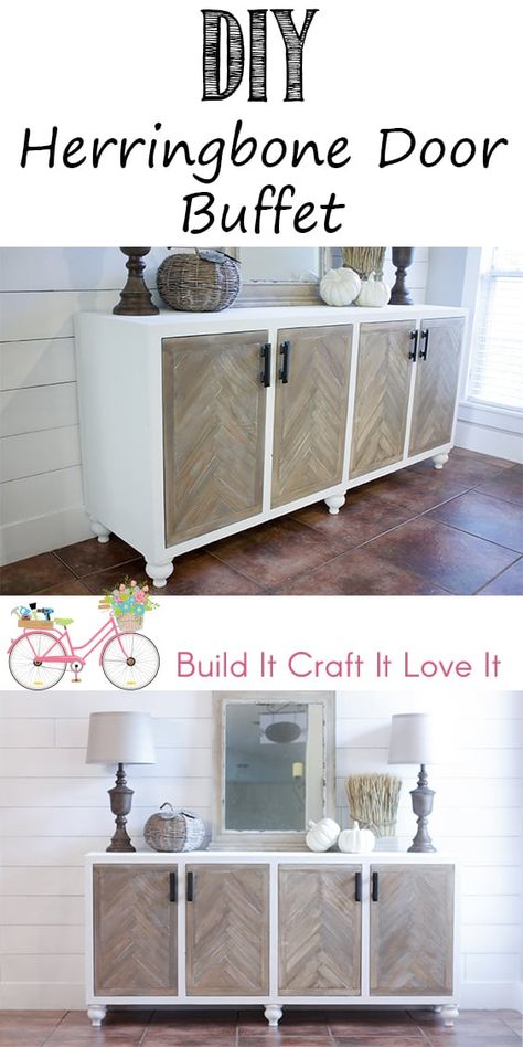 Herringbone Door Buffet – The Inspired Workshop Sideboard Craft Storage, Credenza Building Plans, Diy Cabinet Door Designs, Living Room Storage Diy, Diy Accent Cabinet, Herringbone Door, Diy Buffet Table, Remodeling Furniture, Ideal Farmhouse