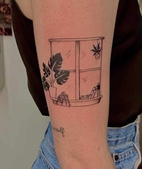 Window frame with suculents, plants, and books. tattoo done by @lexieroseart on instagram :) Tattoos With Borders Frames, Window Flower Tattoo, Window Seal Tattoo, Picture Frame Tattoo Simple, Fine Line Window Tattoo, Plant Book Tattoo, Window With Flowers Tattoo, Tattoos In Squares, Window Tattoo Minimalist