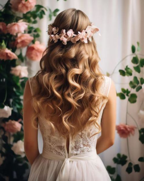 Flowing Waves with Floral Crown Fairy Tale Hairstyles, Fairy Hairstyles, Frizzy Hair Tips, Hairstyles For Weddings, Glitter Roots, Models Outfits, Floral Hair Vine, Vintage Curls, Mermaid Braid