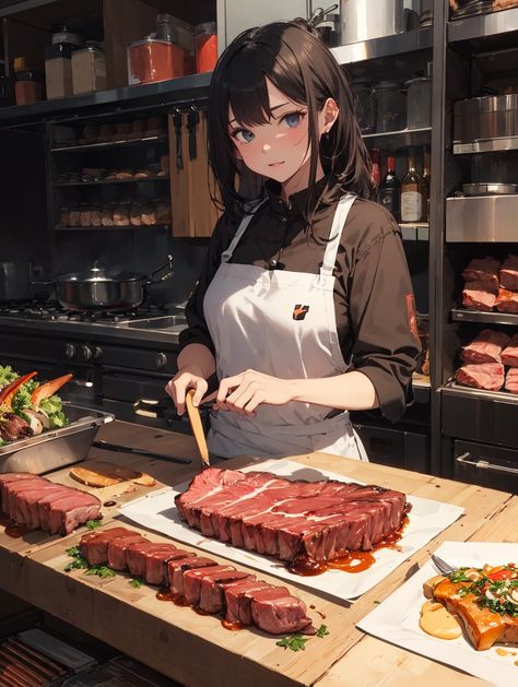 🤨 #AI #bot #AIart #botart #cool #meat #eat #Dynamic #Kitchen #Cooking Anime Eating Food, Cooking Poses Drawing, Anime Cooking Aesthetic, Cook Anime, Manga Cooking, Anime Chef, Anime Kitchen, Chef Illustration, Anime Cooking