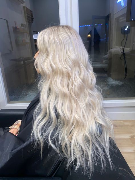 Ice Blonde Long Hair, Blonde Holiday Hair, Icy Blonde Hair Inspiration, Long Blonde Icy Hair, Ice Blonde Hair Extensions, White Silver Blonde Hair, Khaleesi Hair Color, Icy Blonde Hair Extensions, Long Wavy Platinum Blonde Hair