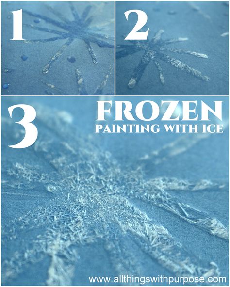 Microwave water and had equal amount of Epsom salt, add a few drops of water or leave colorless.  Paint the water onto cardstock or construction paper. As the water dries the salt in it makes it look like ice! Frozen Soundtrack, Frozen Activities, Ice Crafts, Painting Snowflakes, Frozen Painting, Experiment Science, Frozen Crafts, Frozen Decorations, Ice Painting