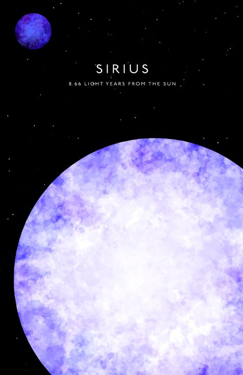 Minimalist Astronomy themed artwork depicting the Sirius system, along with the words "Sirius, 8.66 light years from the sun". It has light and dark indigo colors on a black star spotted backdrop. Stars Astronomy, Nasa Art, Sirius Star, Science Astronomy, Astronomy Stars, Teacher Art, Astronomy Poster, Astronomy Art, Star Constellations