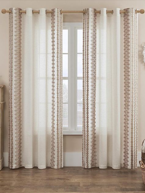 Boho Curtains 84 Inches Long 2 Panels set for Living Room Bedroom Tan Linen Sheer Curtains Grommet Light Filtering Neutral Bohemian Striped Embroidered Drapes Farmhouse Window Decor, 52x84, Taupe #ad Boho Curtains Living Room, Large Window Curtains, Neutral Curtains, Cream Curtains, Brown Curtains, Sheer Linen Curtains, Dining Room Curtains, Bohemian Curtains, Boho Curtains