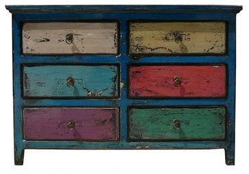 Blue Multi-color 6 Drawers Side Table Drawers eclectic side tables and accent tables Colored Dressers, Side Table Drawers, Colored Dresser, Diy Shabby Chic Furniture, Eclectic Side Table, Colorful Dresser, Bathroom Floor Cabinets, Chalk Painting, Shabby Chic Diy