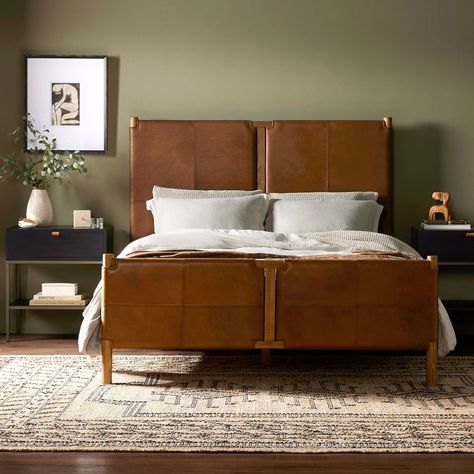 Sackett Leather Bed | West Elm Wood And Leather Bed, Brown Leather Bed, Leather Beds, Leather Platform Bed, Leather Bed Frame, Bassano Del Grappa, Leather Headboard, Queen Panel Beds, Classic Bed