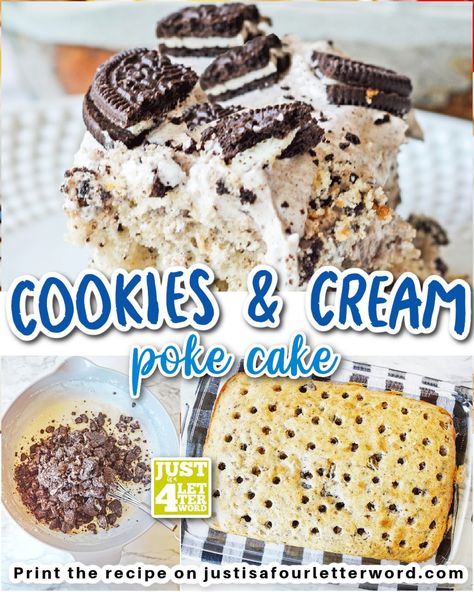 Cookies And Cream Cake With Box Cake, Cookies And Cream Poke Cake, Cookies And Cream Pudding, Easy Poke Cake, Work Desserts, Cream Desserts Recipes, Cream Poke Cake, Dirt Cake Recipes, Chocolate Cake Mix Recipes