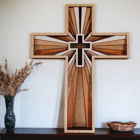 "Welcome to our Boutique! Looking for décor to help remind you of and point others to the  Cross.  Our multi-layer cross will certainly add character to the décor and has a meaningful purpose.  It looks great on the mantel, tabletop or counter in any room of the home.  You could use command strips or add a hanger on back if you want to have it on the wall. It is laser cut using 1/8\" maple plywood.  There are 7 layers with  each layer  stained a different color then sealed and glued together allowing the cross to stand alone.  It measures approximately  9\" x 11.5\"." Barn Wood Ceiling, Hot Cocoa Stand, Cross Candles, Cross Wood, Layered Crosses, Winter Wonderland Birthday, Wooden Crosses, Cowboy Wedding, Intarsia Woodworking