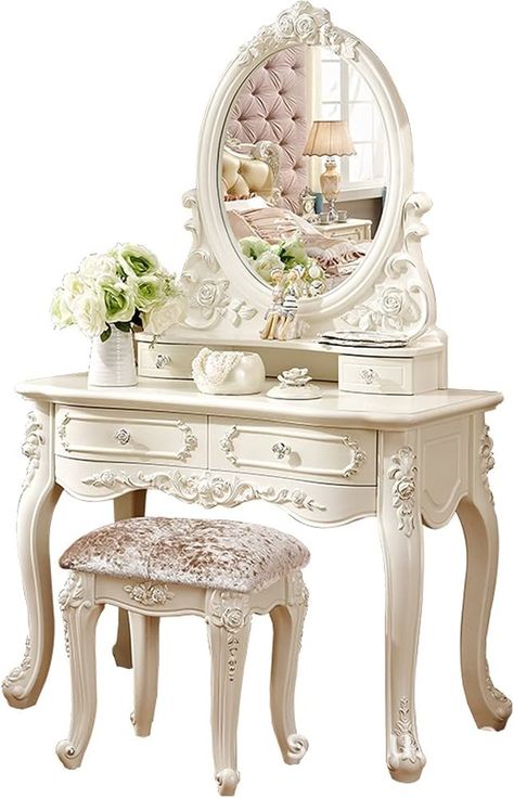 Amazon.com: Dressing Table Set with Mirror and Stool, Bedroom Dressing Tables with 2 Drawers, White Dressing Table with Stool and Locker, Dresser Table European Style Dressing Table (Color : with Stool, Size : Home & Kitchen Dressing Table Colour, Make Up Tisch, Dressing Table Bedroom, Bedroom French, White Makeup Vanity, Victorian Colors, Mirrored Vanity Table, White Dressing Tables, Makeup Vanity Set