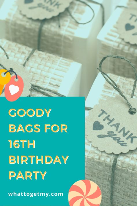 Goodie Bag Ideas For Sweet 16, Sweet 16 Treat Bags, Sweet Sixteen Goodie Bags Ideas, Party Favor Ideas For Sweet 16, Sweet 16 Party Gifts For Guests, Birthday Dinner Favors, What To Put In Goodie Bags, Sweet 16 Party Bags Gift Ideas, Sweet 16 Swag Bag Ideas