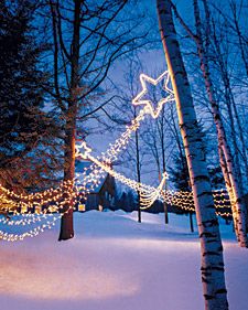 To create striking outdoor lighting this holiday season, string several of these shooting stars in your yard. We hung our comets in trees that were 10 to 12 feet apart. To determine how many feet of lights you will need, measure the distance between the trees, add 8 to 12 inches (so the tail forms a swag), and multiply this number by 8. Christmas Lighting, Fun Christmas Decorations, Navidad Diy, Christmas Yard, Outdoor Christmas Lights, Primitive Christmas, Noel Christmas, Christmas Star, Shooting Stars